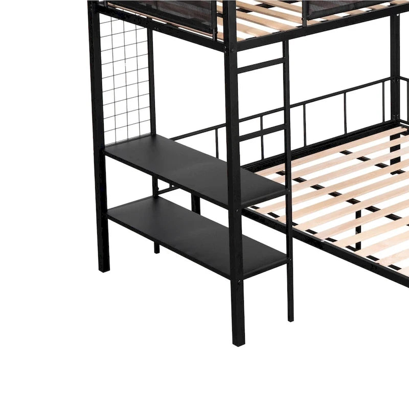 Twin over Full Bunk Bed with Shelves and Grid Panel