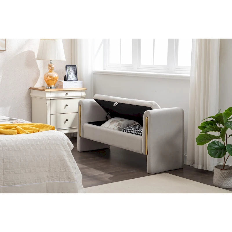 Velvet Storage Bench with Metal Trim for Bedroom and Living Room