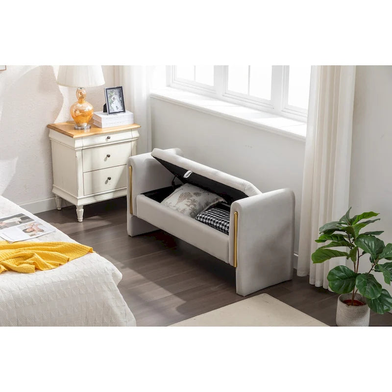 Velvet Storage Bench with Metal Trim for Bedroom and Living Room