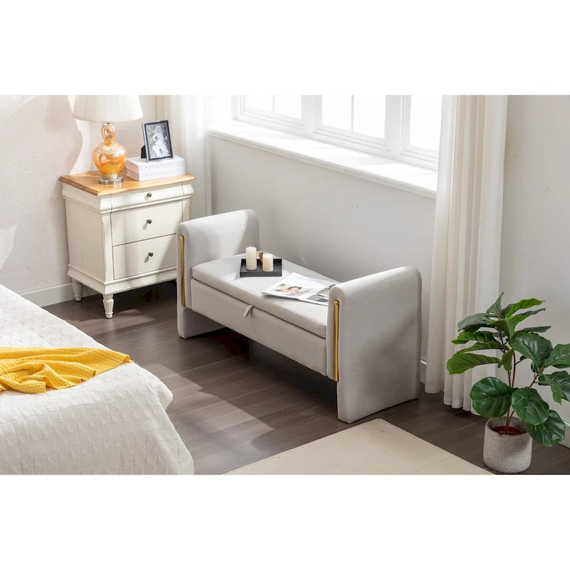 Velvet Storage Bench with Metal Trim for Bedroom and Living Room