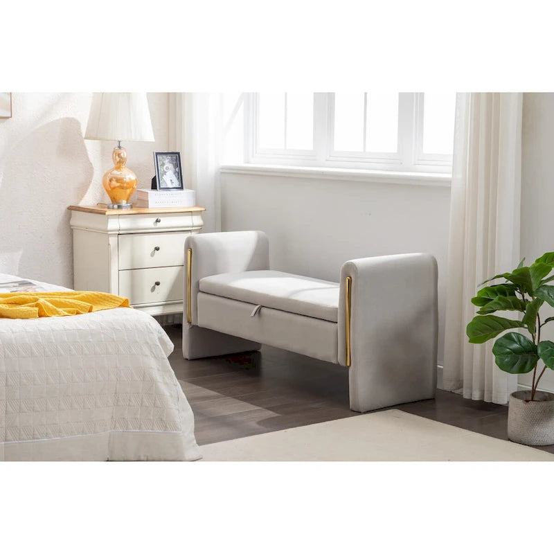 Velvet Storage Bench with Metal Trim for Bedroom and Living Room