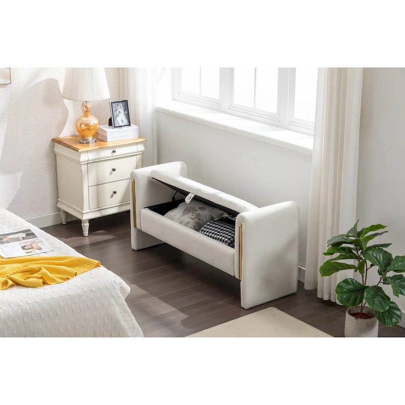 Velvet Storage Bench with Metal Trim for Bedroom and Living Room