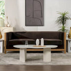 81" Oak Wood & Rattan 3-Seat Sofa with Velvet Cushions