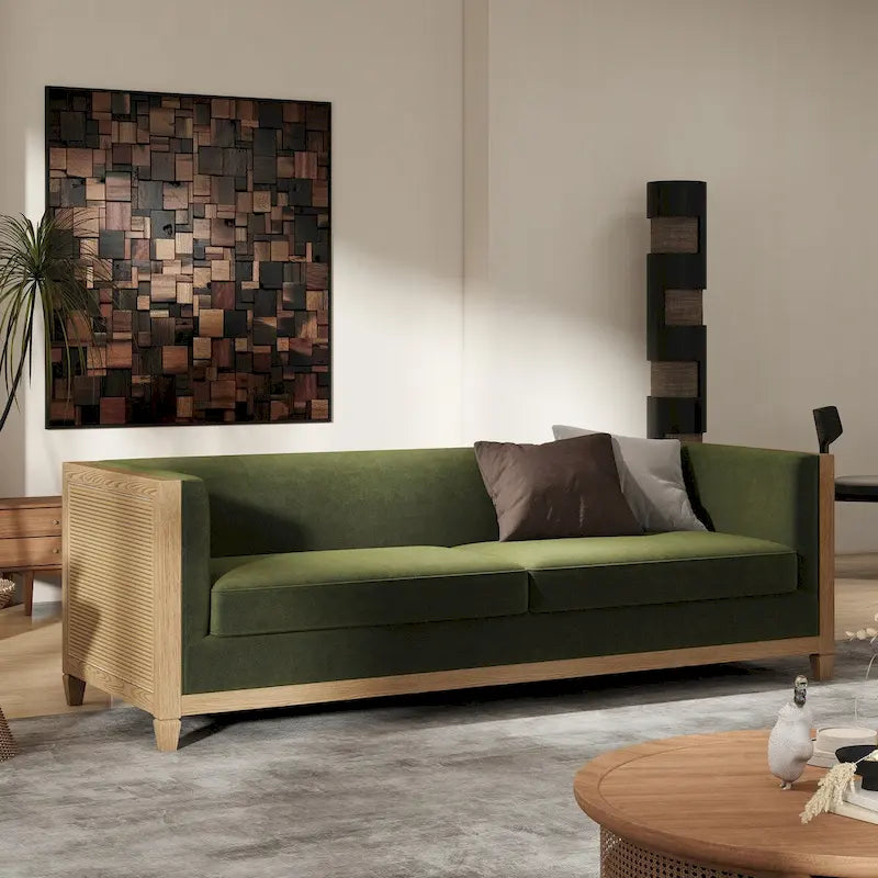 81" Oak Wood & Rattan 3-Seat Sofa with Velvet Cushions