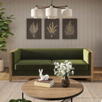 81" Oak Wood & Rattan 3-Seat Sofa with Velvet Cushions