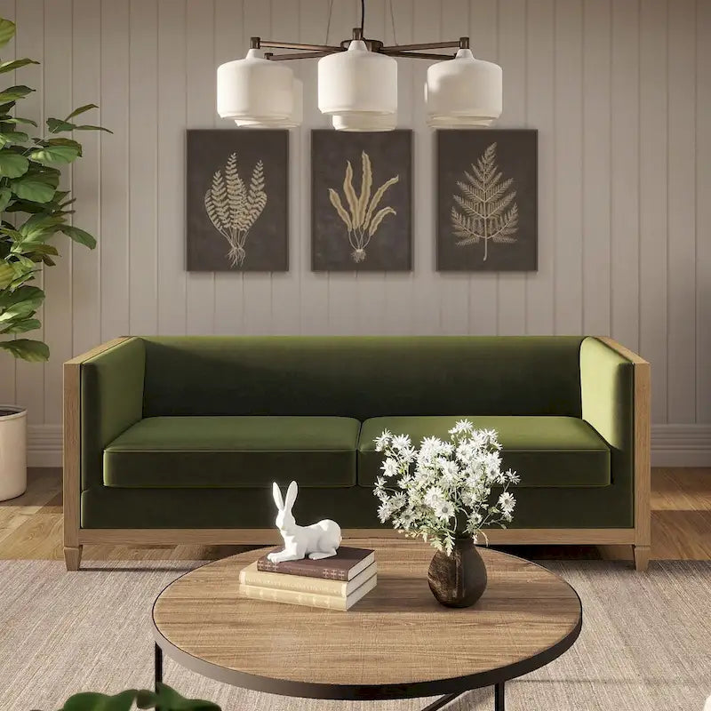 81" Oak Wood & Rattan 3-Seat Sofa with Velvet Cushions