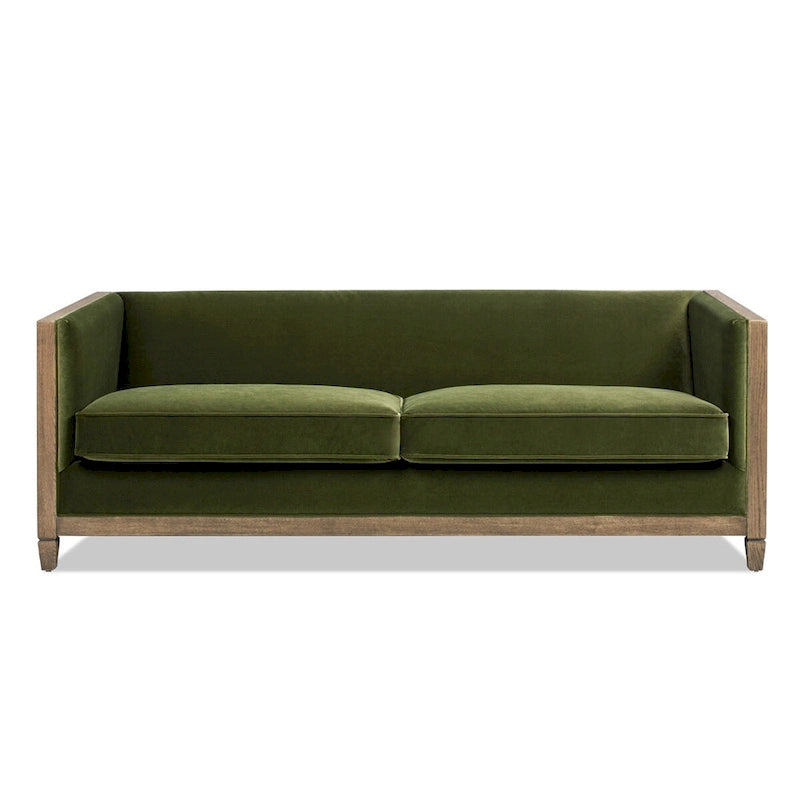 81" Oak Wood & Rattan 3-Seat Sofa with Velvet Cushions
