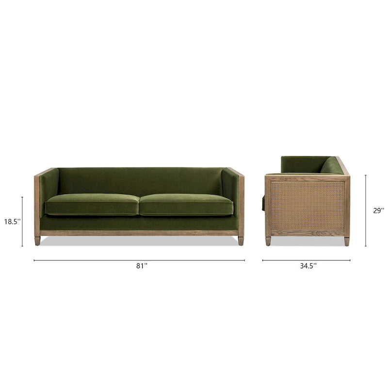 81" Oak Wood & Rattan 3-Seat Sofa with Velvet Cushions