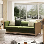81" Oak Wood & Rattan 3-Seat Sofa with Velvet Cushions