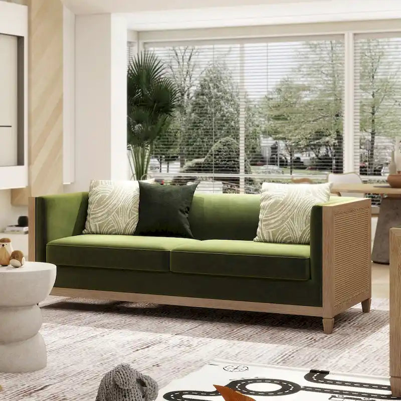 81" Oak Wood & Rattan 3-Seat Sofa with Velvet Cushions