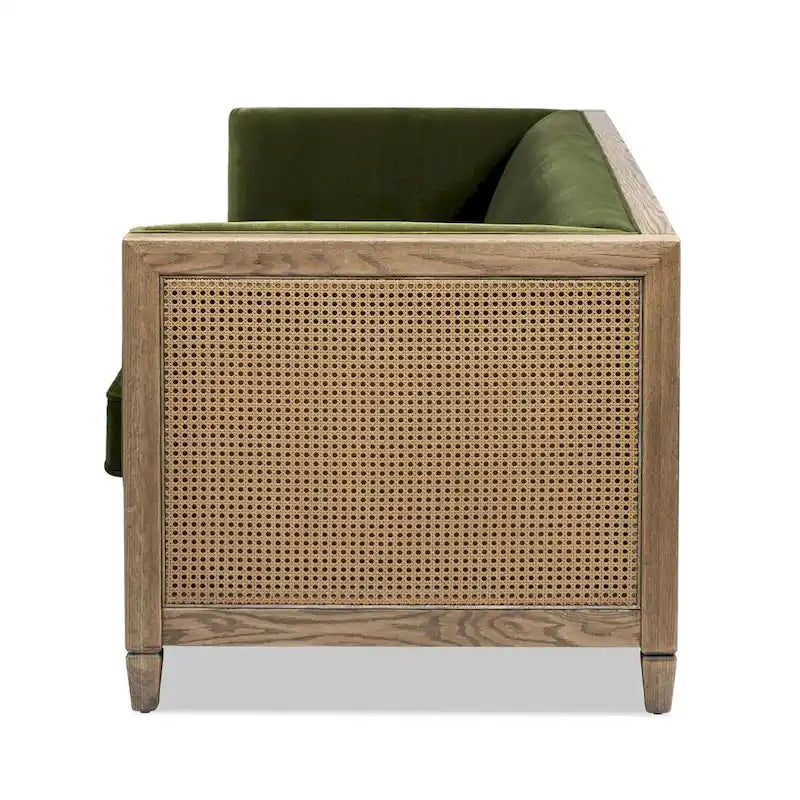 81" Oak Wood & Rattan 3-Seat Sofa with Velvet Cushions