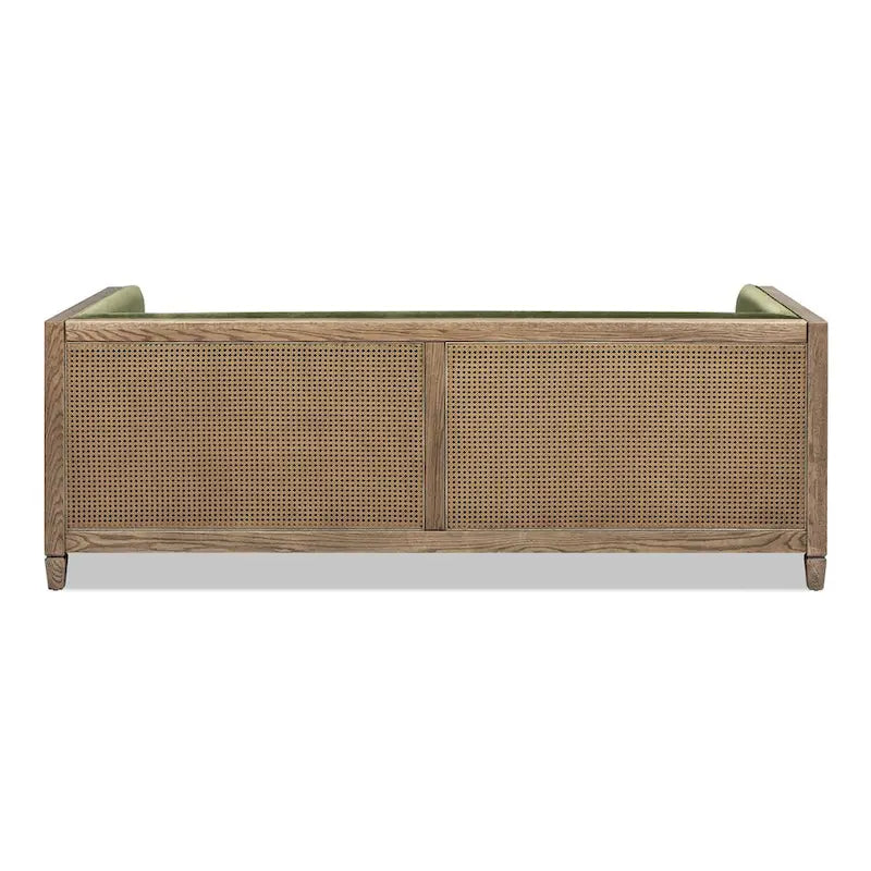 81" Oak Wood & Rattan 3-Seat Sofa with Velvet Cushions