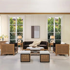 81" Oak Wood & Rattan 3-Seat Sofa with Velvet Cushions