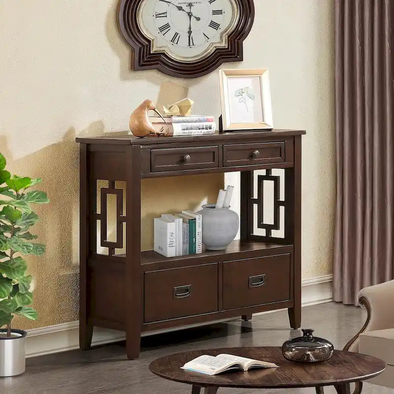 36" Console Table with 4 Drawers and Open Storage Shelf